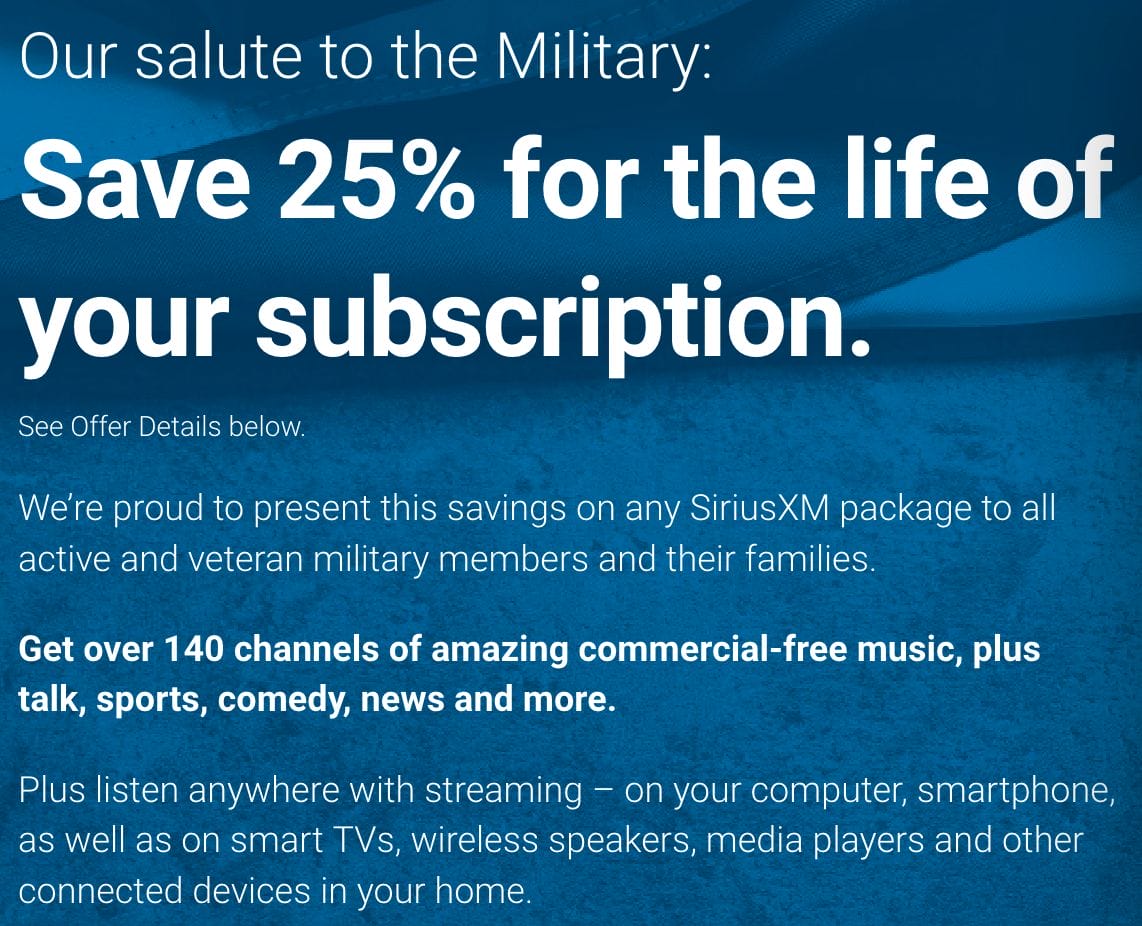SiriusXM Military Discount 25 Off Military Veterans Discount
