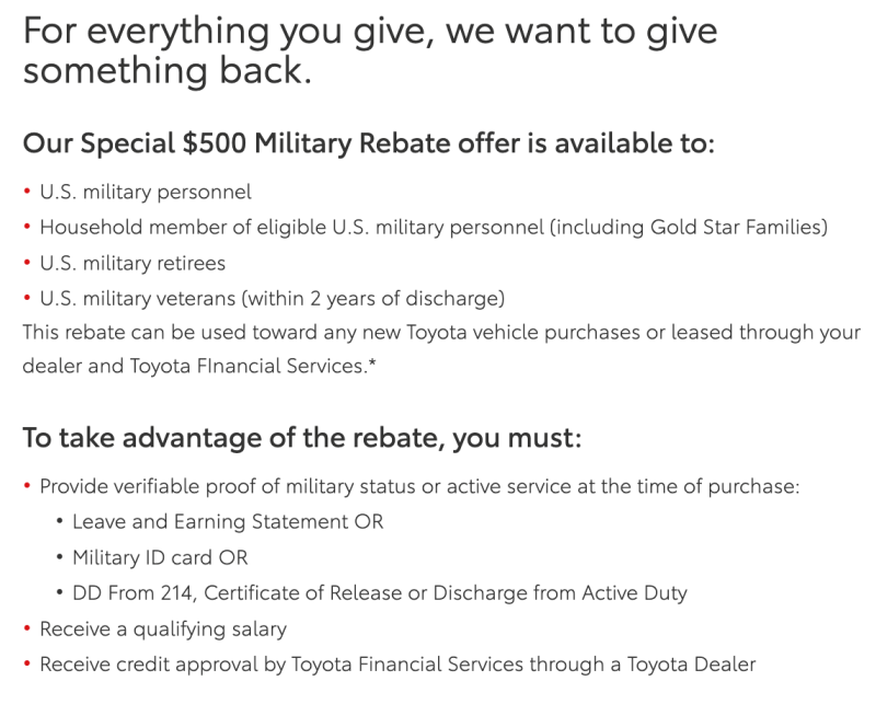 Toyota Military Discount 500 Off Military Veterans Discount