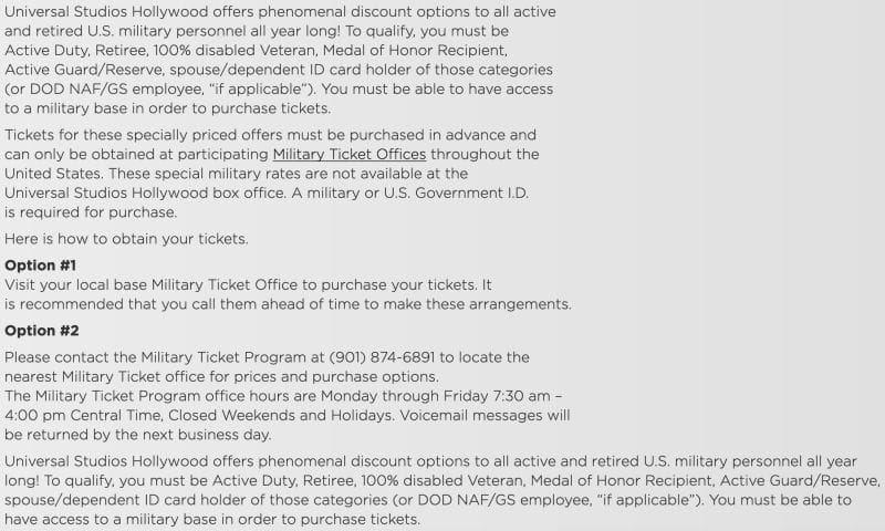 Universal Studios Military Veteran Discounts