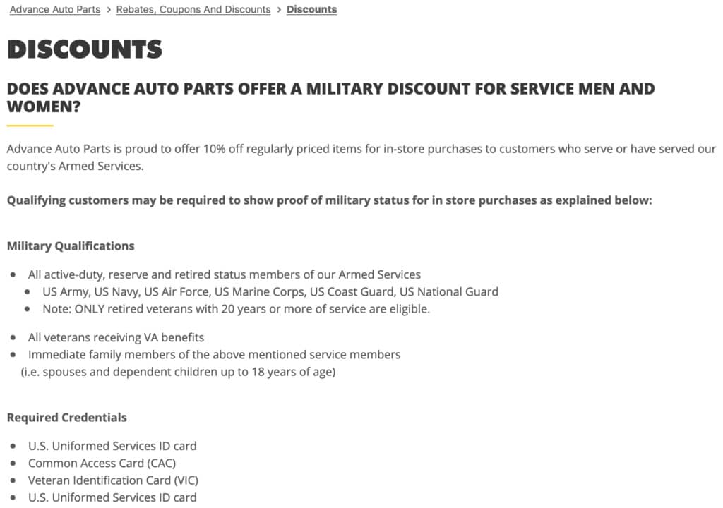 Advance Auto Parts Military Discount 10 Off Military Veterans Discount