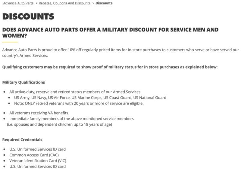Advance Auto Parts Military Veteran Discount